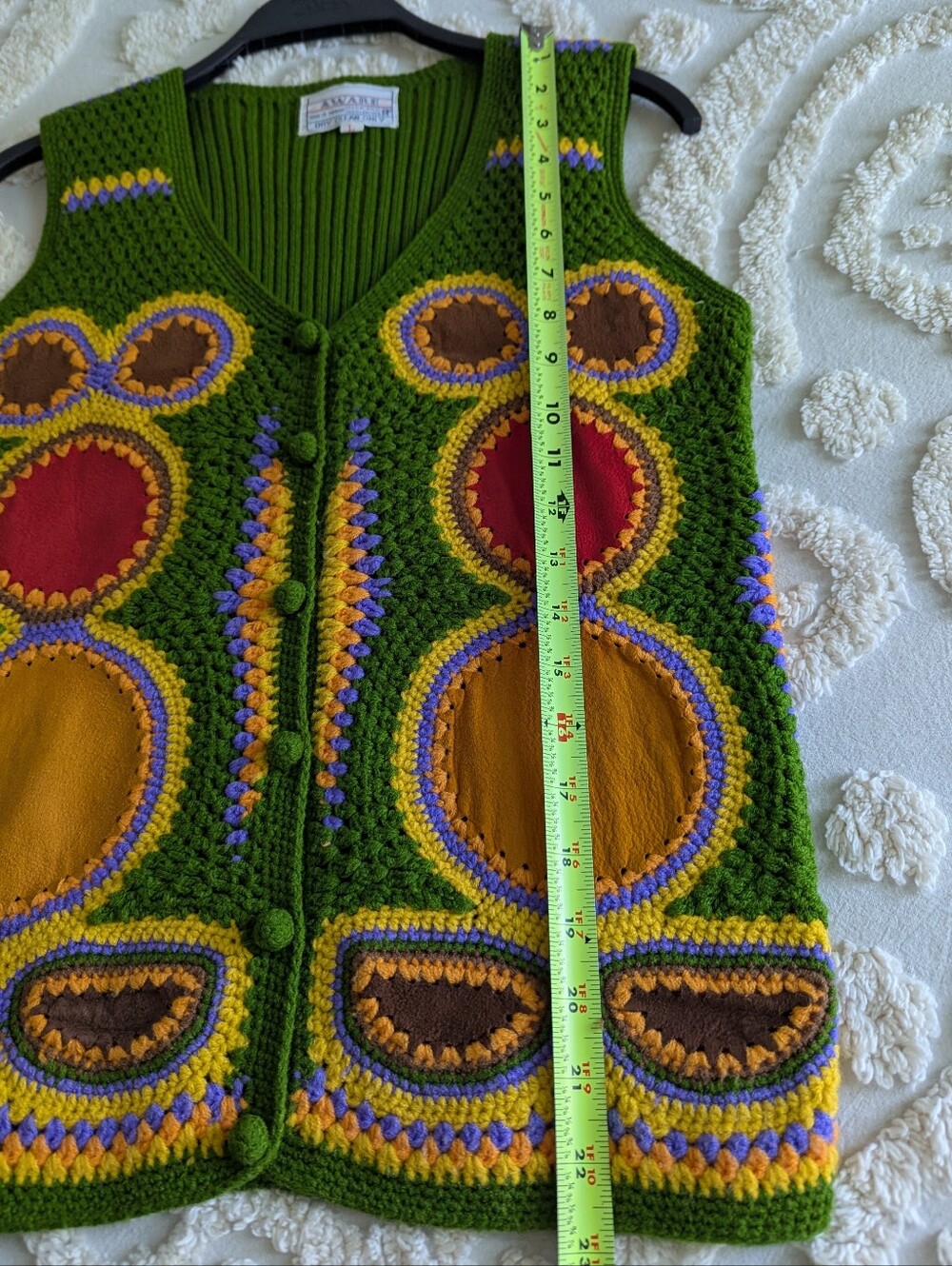 TRUE vintage Aware 1970s Crochet Suede leather Sweater Vest Green 70s Large - Picture 8 of 10
